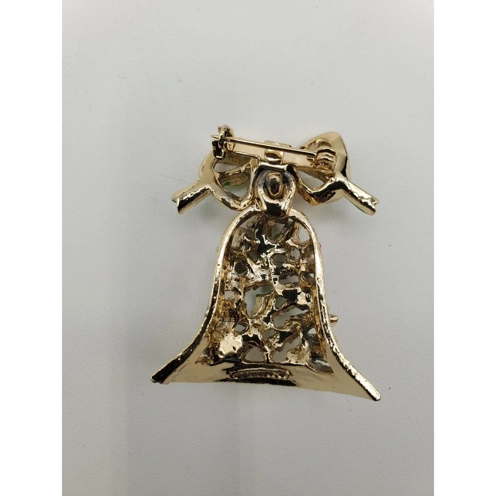 Vtg Goldtone Enameled Red Green Dangling Christmas Bell Brooch